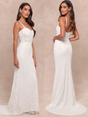 NWT Lulu’s Momentous Love Beaded Bustier Mesh Mermaid Maxi Dress Large Medium